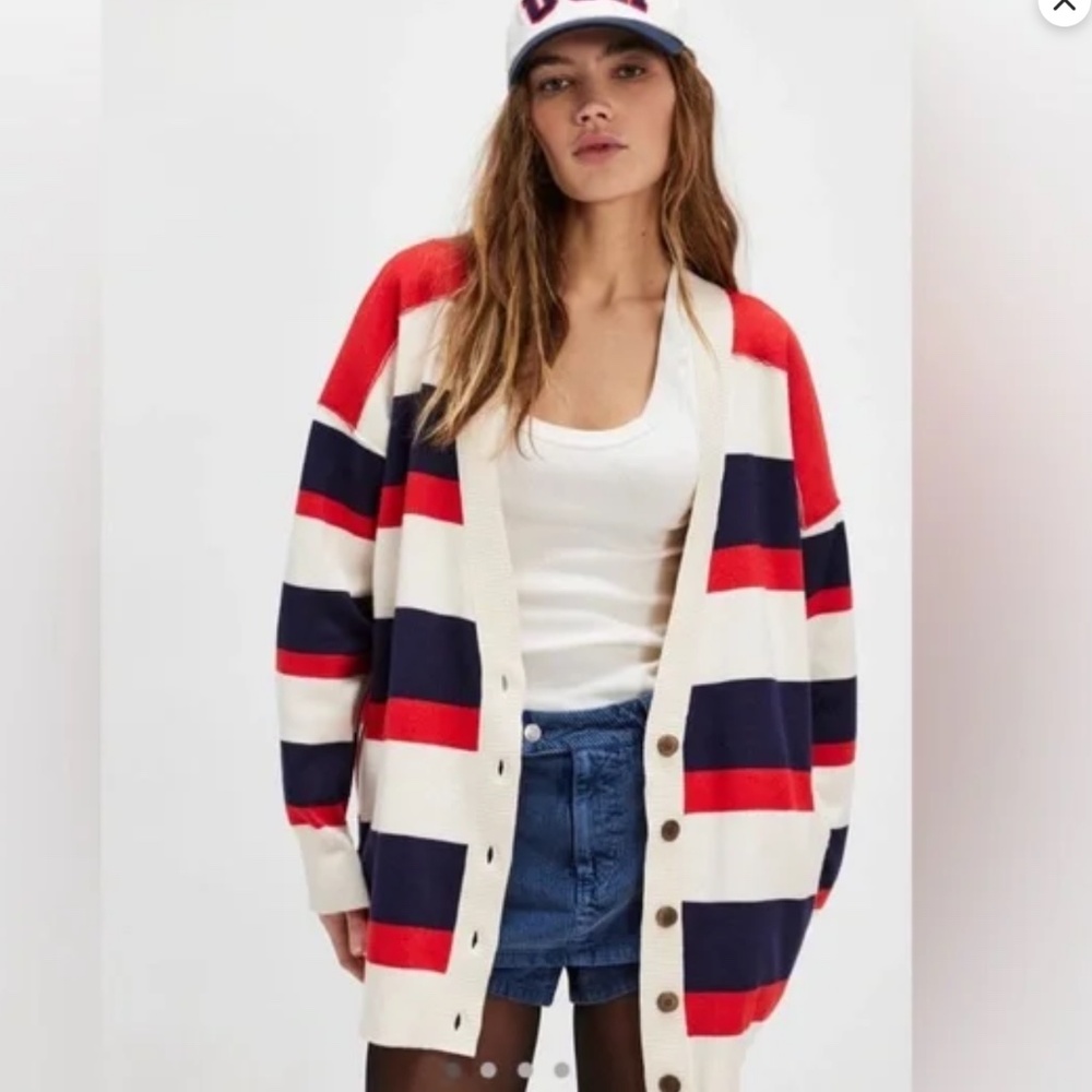 Free People Oversized Striped Cardigan in Red, Navy & Cream